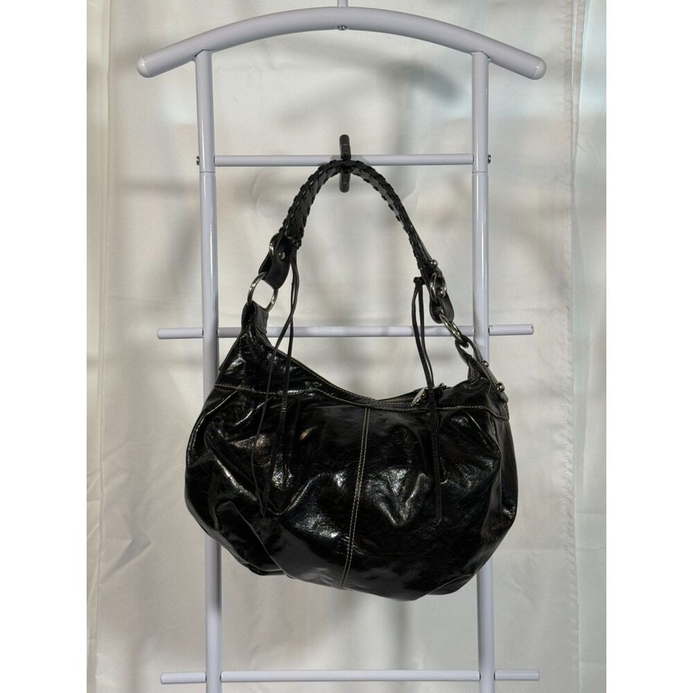 B. Makowsky Black Leather Hobo Bag • Braided Handle • Silver Hardware Y2K